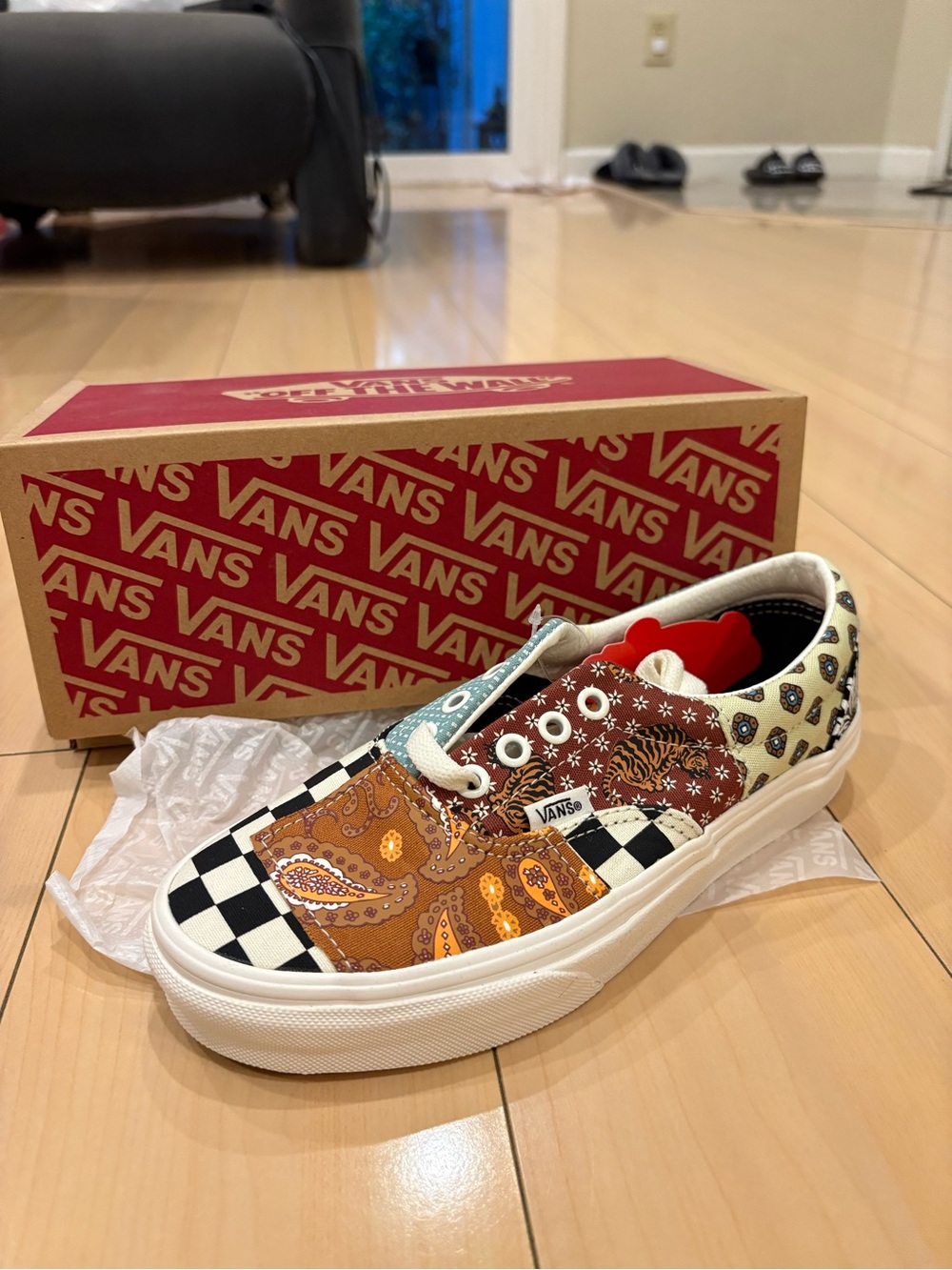 Vans Kids Patchwork Checkerboard & Bandana Sneaker - Black, White, Brown, Orange